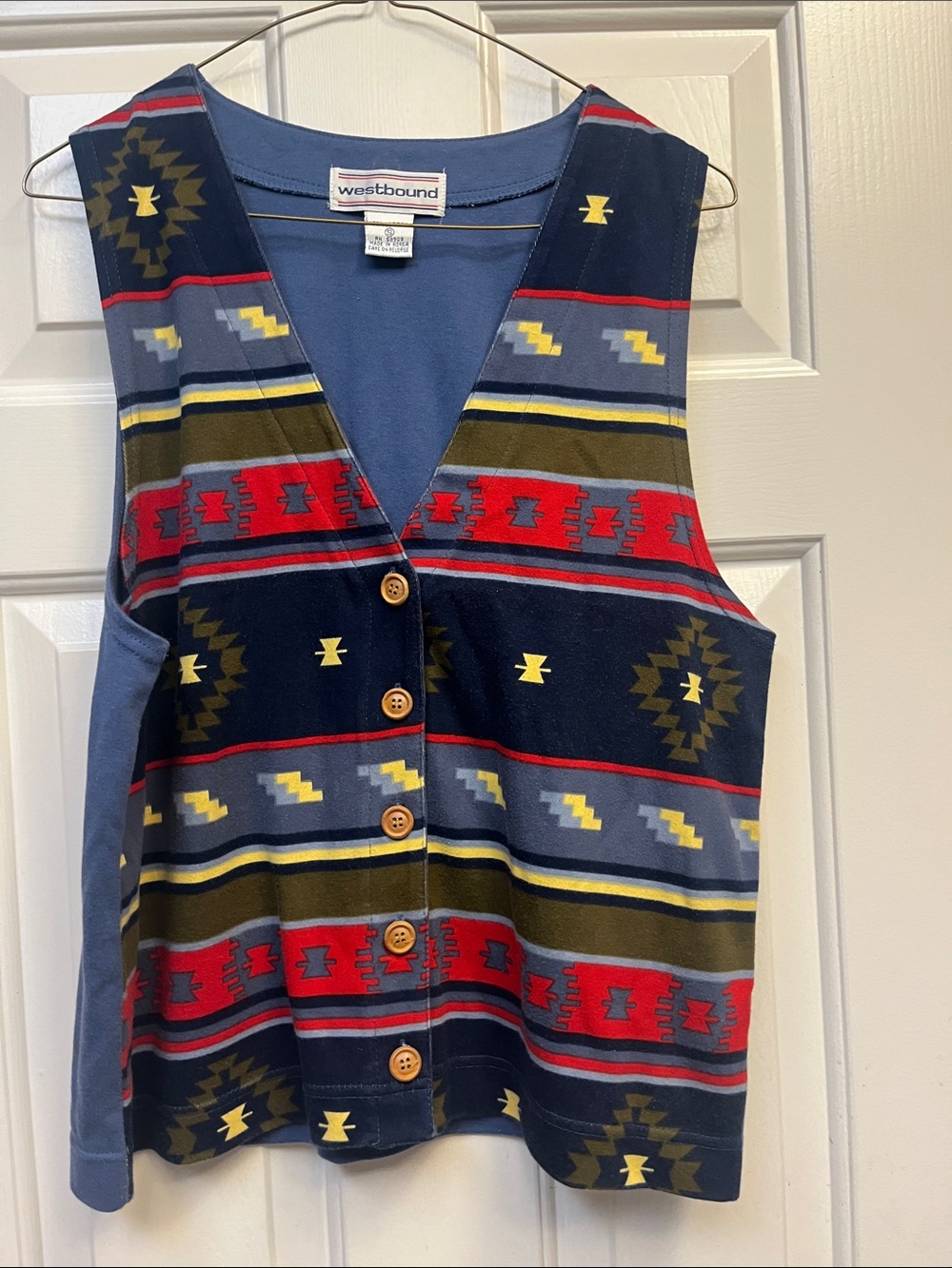 Westbound VINTAGE Navajo-Pattern Button Vest in Navy, Red & Olive S